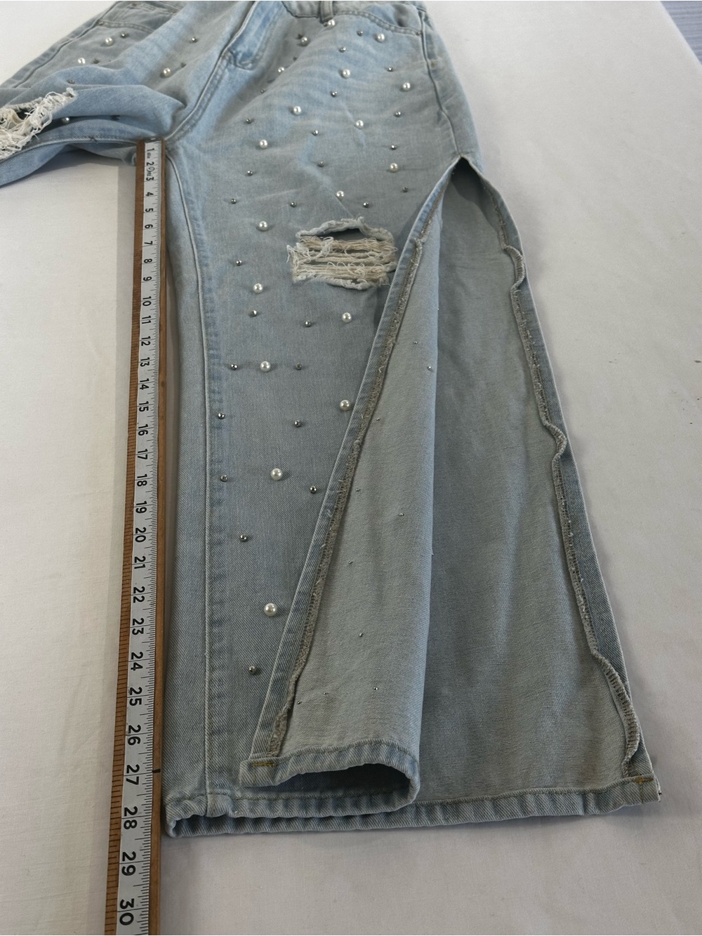 Y2K Pearl Studded Wide Leg Jeans Light Wash Distressed Split Hem Denim Pants - Picture 13 of 16